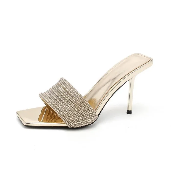 Bling Bling Luxury Crystal Square toe Women Slippers Sandals Fashion Narrow band Stiletto High heels Mules Slides Modern Shoes - Image 1