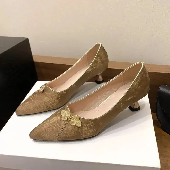 Elegant Chinese Style Women's High Heels Thin Heel Satin Low Cut Shoes for Cheongsam Matched Small Heel Single Shoes - Image 6