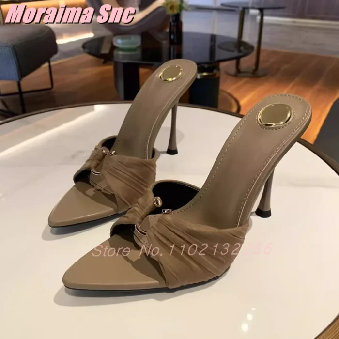 Metal Buckle Pointed Open Toe Mules Mesh Pleated Stiletto High Heel Slip On Nude Solid Sexy Fashion Women's Summer Slippers 2025 - Image 3