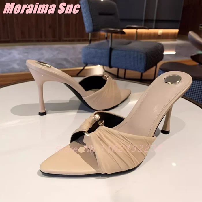 Metal Buckle Pointed Open Toe Mules Mesh Pleated Stiletto High Heel Slip On Nude Solid Sexy Fashion Women's Summer Slippers 2025 - Image 2