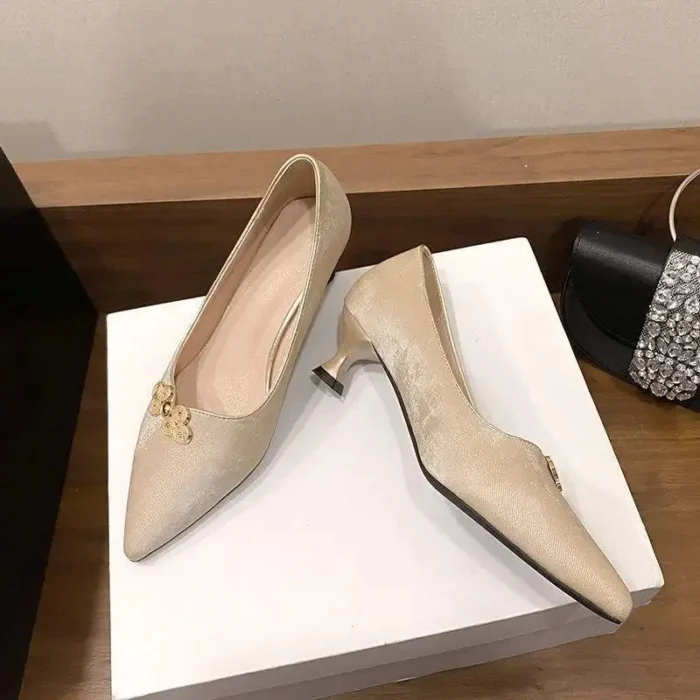 Elegant Chinese Style Women's High Heels Thin Heel Satin Low Cut Shoes for Cheongsam Matched Small Heel Single Shoes - Image 7