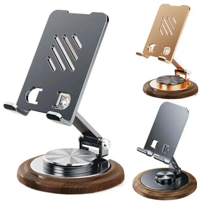 Professional Walnut Base Phone Holder Folding Metal Tablet Stand Anti Slip 360° Rotating Cell Phone Bracket Live Streaming - Image 2