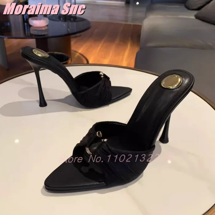 Metal Buckle Pointed Open Toe Mules Mesh Pleated Stiletto High Heel Slip On Nude Solid Sexy Fashion Women's Summer Slippers 2025 - Image 5