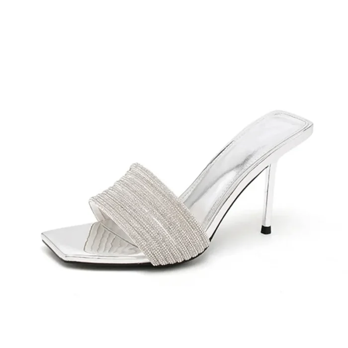 Bling Bling Luxury Crystal Square toe Women Slippers Sandals Fashion Narrow band Stiletto High heels Mules Slides Modern Shoes - Image 13