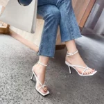 New Fashion Pinch Narrow Band Women Sandals 2025 Summer Square Open Toe Ankle Buckle Strap High Heels Ladies Shoes Sandalias - Image 3