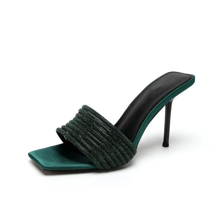 Bling Bling Luxury Crystal Square toe Women Slippers Sandals Fashion Narrow band Stiletto High heels Mules Slides Modern Shoes - Image 12