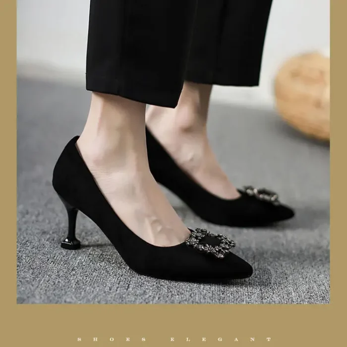 Women's High Heels Soft Bottom Pointed Toe Thin Heel New Black Shoes Spring Season Low Rubber Outsole Comfortable Fit Footwear - Image 2
