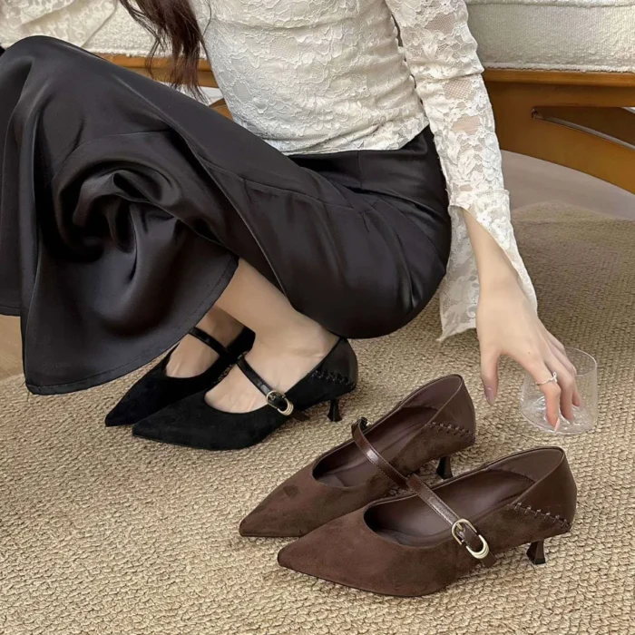 Fashionable Versatile Mary Jane Shoes Women's High Pointed Toe Low Cut Single Shoes Comfortable All Season Rubber Sole Shoes - Image 4