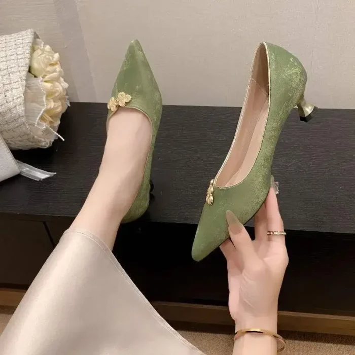 Elegant Chinese Style Women's High Heels Thin Heel Satin Low Cut Shoes for Cheongsam Matched Small Heel Single Shoes - Image 2