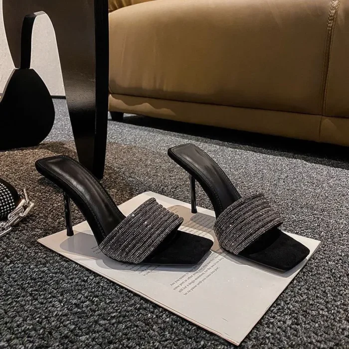 Bling Bling Luxury Crystal Square toe Women Slippers Sandals Fashion Narrow band Stiletto High heels Mules Slides Modern Shoes - Image 11