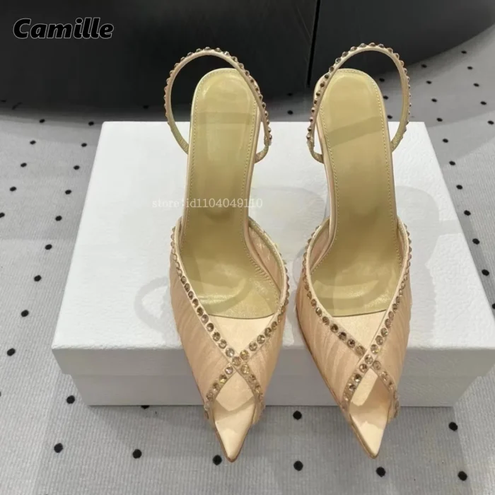 Peep Toe Rhinestones Lace Back Strap Sexy High Heels 2025 Size 35-40 Side Empty Party Sandals Pointed Toe Luxury Party Sandals - Image 4