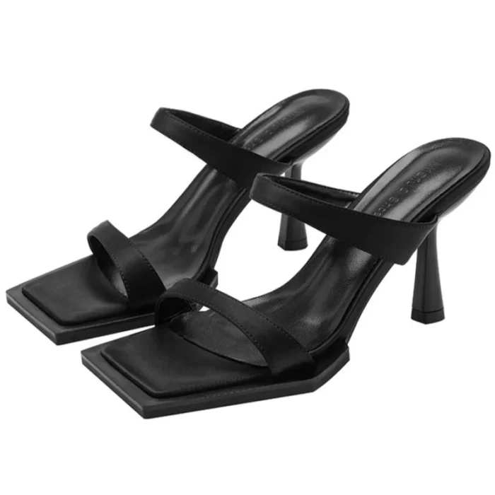 Open Toe High Heeled Sandals Women's 2025 Summer Style New Square Head Thick Heels Mid-heel Slippers Sandals Women Shoes Black - Image 1