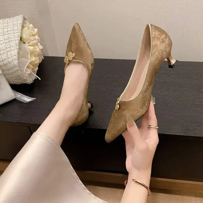 Elegant Chinese Style Women's High Heels Thin Heel Satin Low Cut Shoes for Cheongsam Matched Small Heel Single Shoes - Image 3