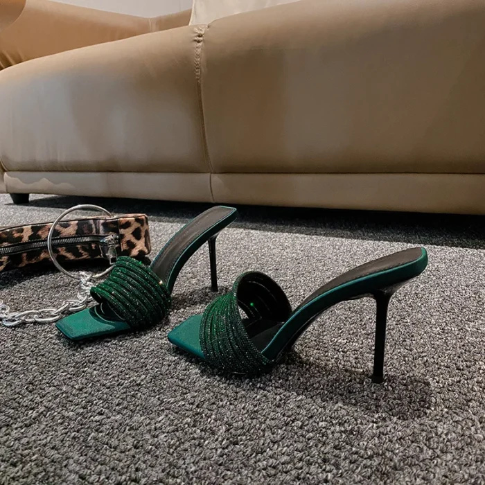 Bling Bling Luxury Crystal Square toe Women Slippers Sandals Fashion Narrow band Stiletto High heels Mules Slides Modern Shoes - Image 5