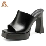 PRXDONG 2025 New Classics Retro Genuine Leather High Heels Platform Open Toe black Brown Dress Party Female Sandals Slippers 39 - Image 2