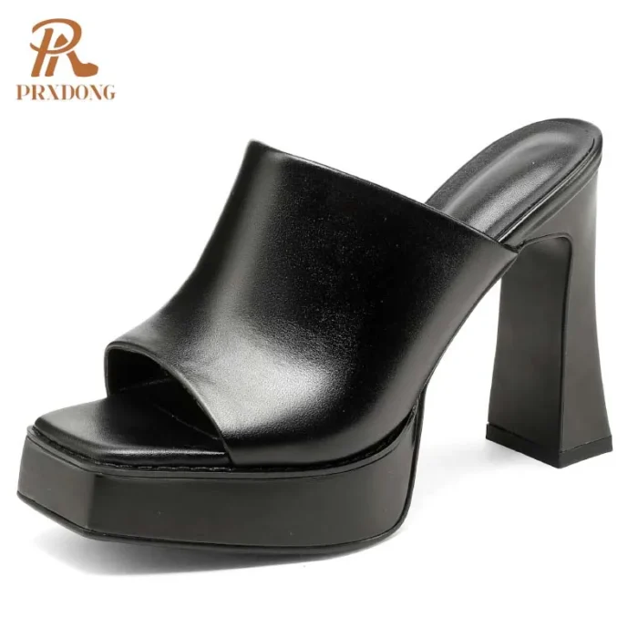 PRXDONG 2025 New Classics Retro Genuine Leather High Heels Platform Open Toe black Brown Dress Party Female Sandals Slippers 39 - Image 2