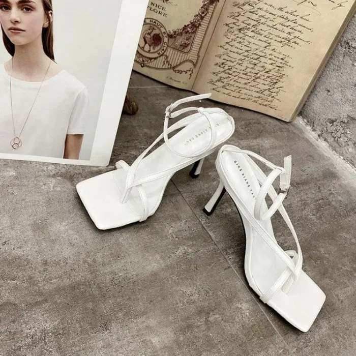 New Fashion Pinch Narrow Band Women Sandals 2025 Summer Square Open Toe Ankle Buckle Strap High Heels Ladies Shoes Sandalias - Image 2