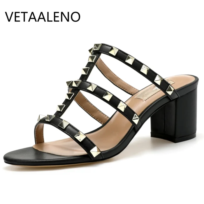 【Measure your feet length before order】Rivets Strappy Luxury Designer Women Elegant Slide Sandals Block High Heel Shoe 75-CHC-33 - Image 2