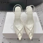 Peep Toe Rhinestones Lace Back Strap Sexy High Heels 2025 Size 35-40 Side Empty Party Sandals Pointed Toe Luxury Party Sandals - Image 3