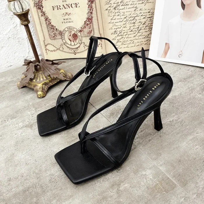 New Fashion Pinch Narrow Band Women Sandals 2025 Summer Square Open Toe Ankle Buckle Strap High Heels Ladies Shoes Sandalias - Image 1