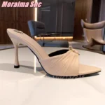 Metal Buckle Pointed Open Toe Mules Mesh Pleated Stiletto High Heel Slip On Nude Solid Sexy Fashion Women's Summer Slippers 2025