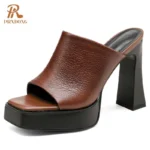 PRXDONG 2025 New Classics Retro Genuine Leather High Heels Platform Open Toe black Brown Dress Party Female Sandals Slippers 39