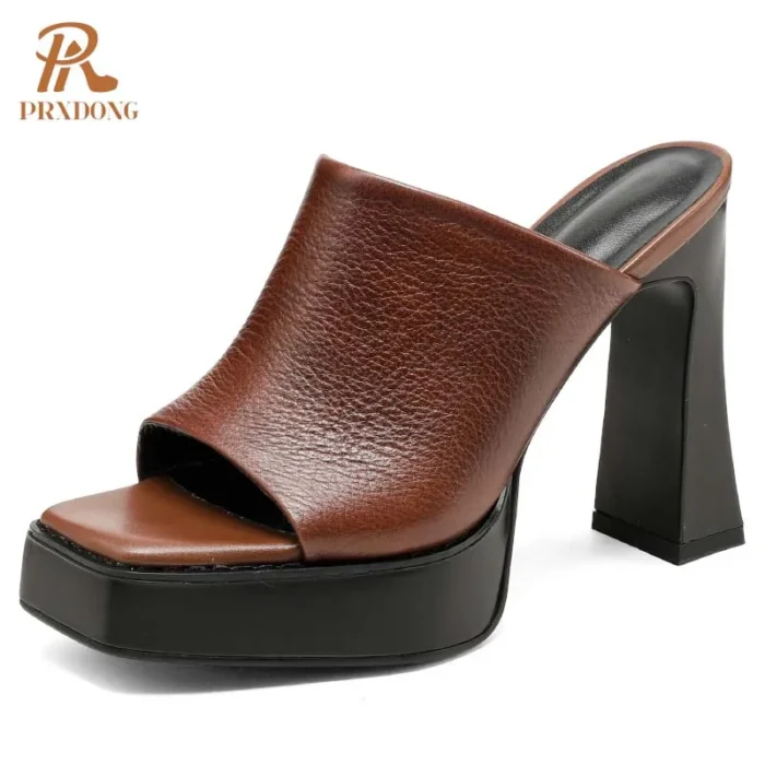 PRXDONG 2025 New Classics Retro Genuine Leather High Heels Platform Open Toe black Brown Dress Party Female Sandals Slippers 39 - Image 1