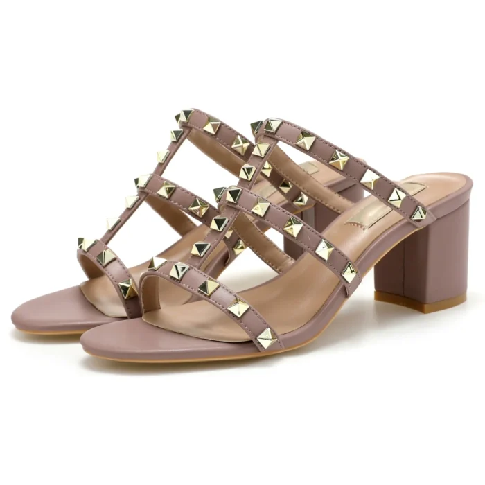 【Measure your feet length before order】Rivets Strappy Luxury Designer Women Elegant Slide Sandals Block High Heel Shoe 75-CHC-33 - Image 3
