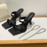 Open Toe High Heeled Sandals Women's 2025 Summer Style New Square Head Thick Heels Mid-heel Slippers Sandals Women Shoes Black - Image 4