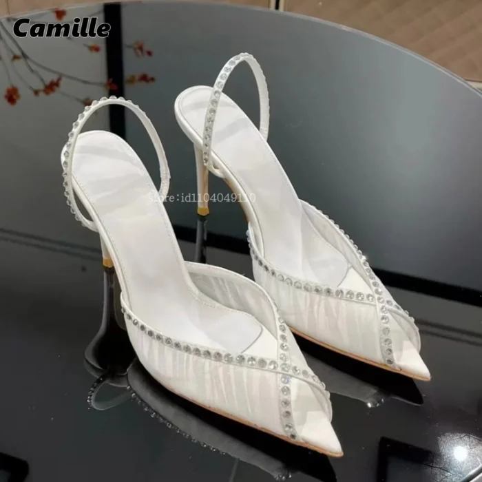 Peep Toe Rhinestones Lace Back Strap Sexy High Heels 2025 Size 35-40 Side Empty Party Sandals Pointed Toe Luxury Party Sandals - Image 7
