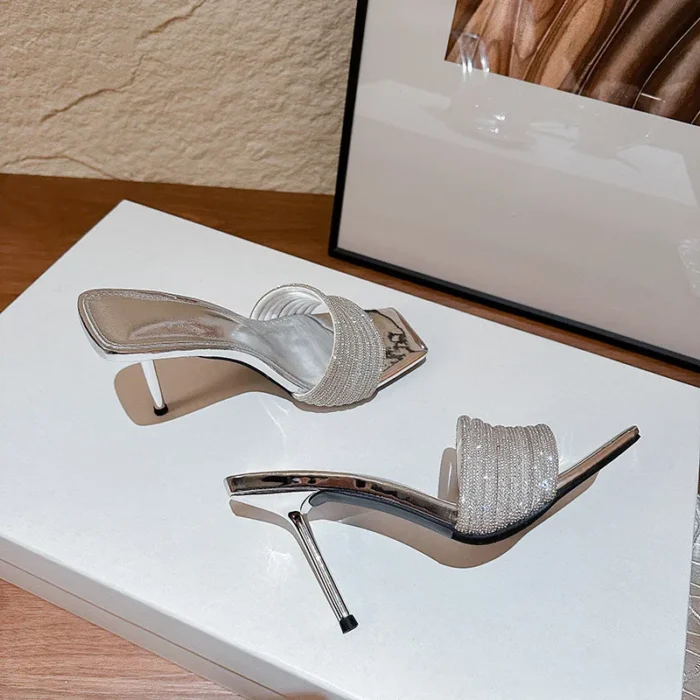 Bling Bling Luxury Crystal Square toe Women Slippers Sandals Fashion Narrow band Stiletto High heels Mules Slides Modern Shoes - Image 4