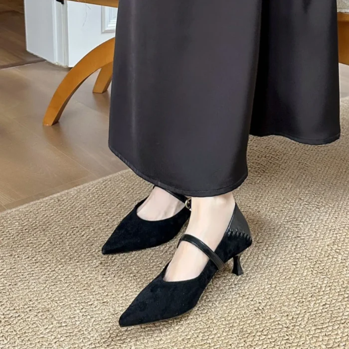 Fashionable Versatile Mary Jane Shoes Women's High Pointed Toe Low Cut Single Shoes Comfortable All Season Rubber Sole Shoes - Image 3