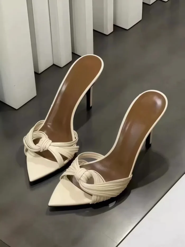 Summer Pointed Toe Ladies Slippers Fashion Fine Heels Sandals Solid Weave Female Pumps Slingback Slip On Women Shoes 2025 - Image 4